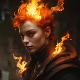 a woman with bright orange hair and fire in her hair