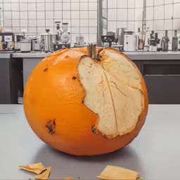 a very large round orange with leaves on top of it