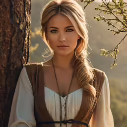 a woman with a long braid wearing a white shirt stands near a tree