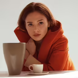 woman with brown coat and orange coat sitting at a table