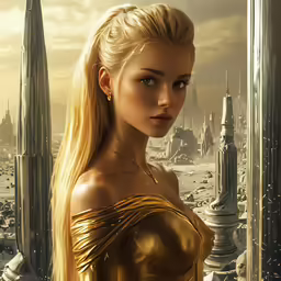 a woman is standing outside in front of a city