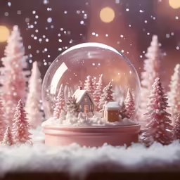 a snow globe is set up among fake trees
