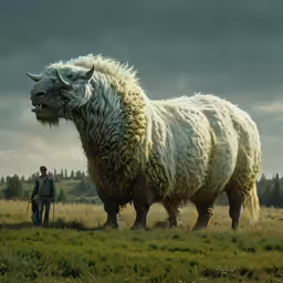 a man standing beside a big sheep standing on top of a lush green field