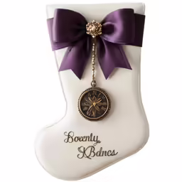 a ceramic ornament hanging from the side of a christmas stocking