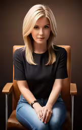 a woman with blonde hair sitting in a chair