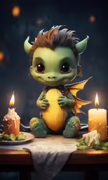 a little baby dragon sitting at a table with candles and cake