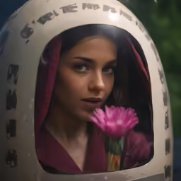 the woman is looking in the mirror with a flower