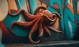 a mural on the side of a building depicting an octopus with claws and a basketball