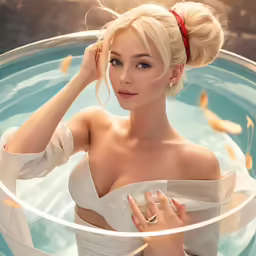 a woman is posing in a pool in front of goldfish