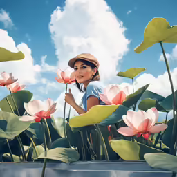 a lady sitting in the midst of a potted plant