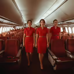 women in uniforms standing in rows on an airplane
