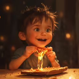 a small child is enjoying a slice of pizza and smiling