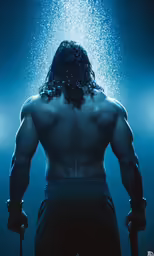 a man has his shirt off, under a splash of water