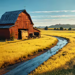 a country barn with a stream running in front,a large barn and a couple cows are outside