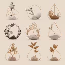 set of different plants and stone stones in golden color