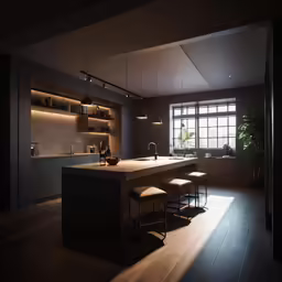 a dark and clean room with a light colored floor