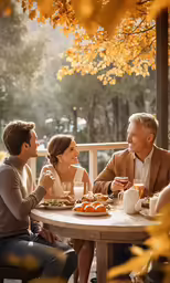 a group of people sitting at a table outside having a conversation