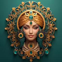 a woman in a headdress with golden and turquoise jewelry
