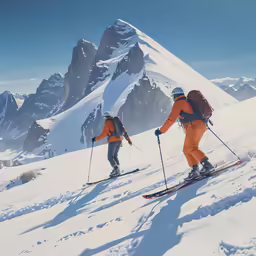 two skiers heading up a mountain on skiis