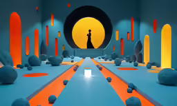 a 3d artwork of an interior space that is yellow, orange and grey with dots floating around it