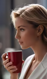 a beautiful blonde woman holding a red cup