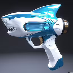 a close up of a toy gun with a shark head on it,an electric toy shark gun with glow and water on it