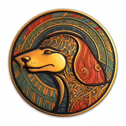a gold and blue plate topped with a dog head