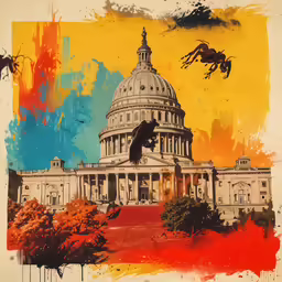 a large painting of a government building painted with black paint