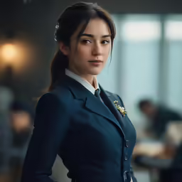 a woman standing in an office uniform