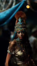 a close up of a woman wearing jewelry and a mask,a woman with face paint on stands in front of a stage