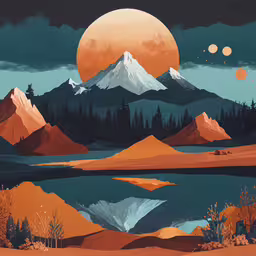 an image of a scenic scene of a mountain range,a night scene shows a mountain range, lake and forest