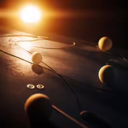 a bunch of balls on a table with some headphones on