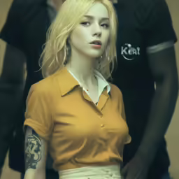 a woman in yellow shirt and white skirt next to two men