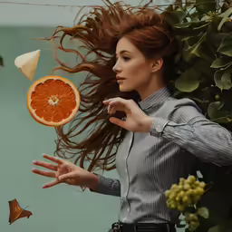 an artistic photo is of a woman holding an orange