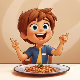 the little boy in the shirt is eating his food
