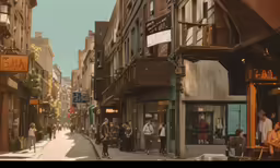 a group of people walk down the middle of a busy street