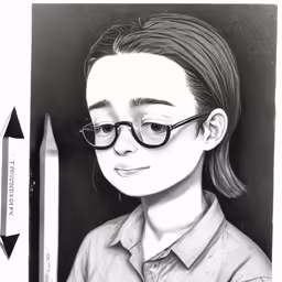 black and white pencil drawing of young girl wearing glasses