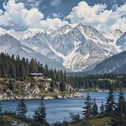 snow - capped mountains reflect off the water and pine trees, which give the shoreline a distinctive appearance