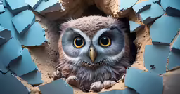 an owl is looking through some broken glass