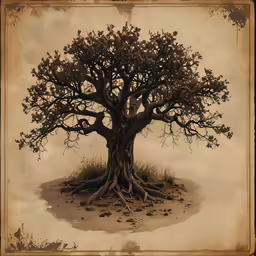the painting depicts a man on top of a tree