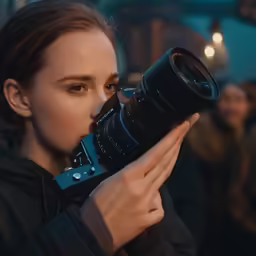 a woman holding up a camera while taking a picture