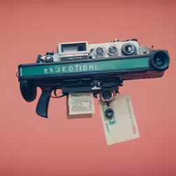 a gun with an exposed photo is attached to the side of a wall