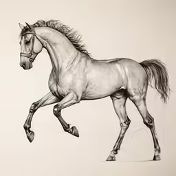 an ink drawing of a horse, a galloping