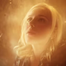 the young blonde haired woman is staring into the distance