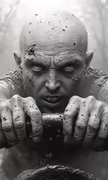 a man holding a large pipe with dirt on his face