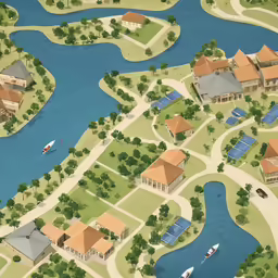 a drawing shows a large lake surrounded by houses