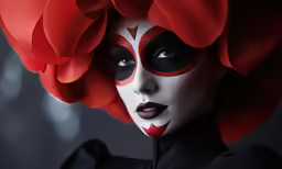 a woman wearing makeup with red flowers on her head