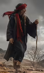 man with long red hair walking in the desert