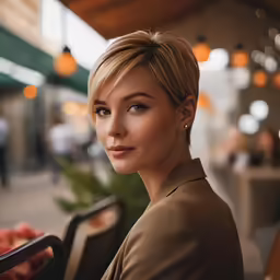 an elegant woman sitting next to her food stand