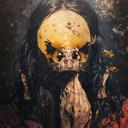 a creepy zombie woman wearing a yellow mask